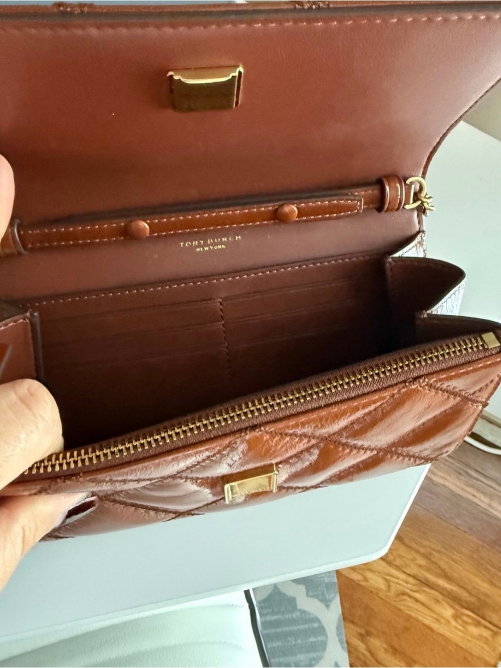 Tory Burch Quilted Brown Leather Wallet Crossbody with Gold Hardware